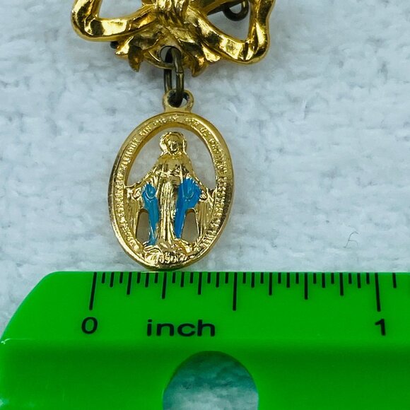 Vintage Gold-Tone Bow & Virgin Mary Religious Brooch Pin Blue Enamel Accents - Picture 8 of 16